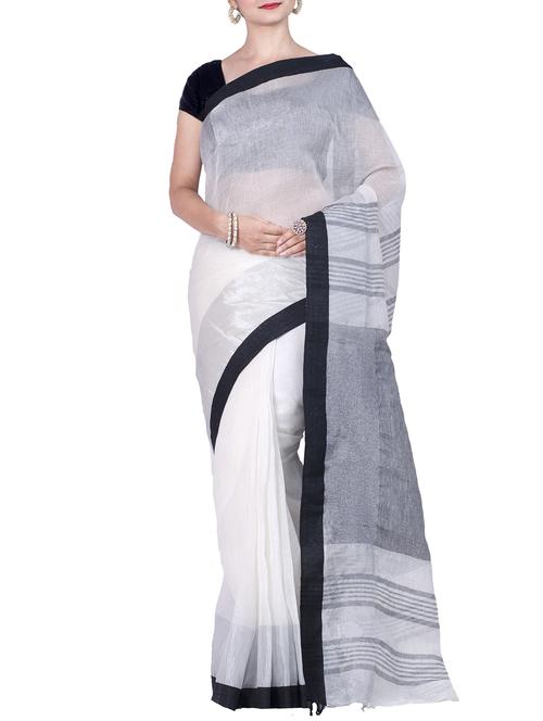 striped pallu linen handloom saree with blouse - 15496795 - Very Small Image - 1