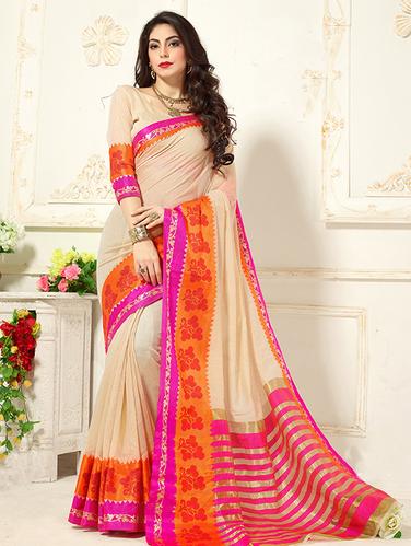 Golden Zari bordered saree with blouse - 15497052 - Very Small Image - 1