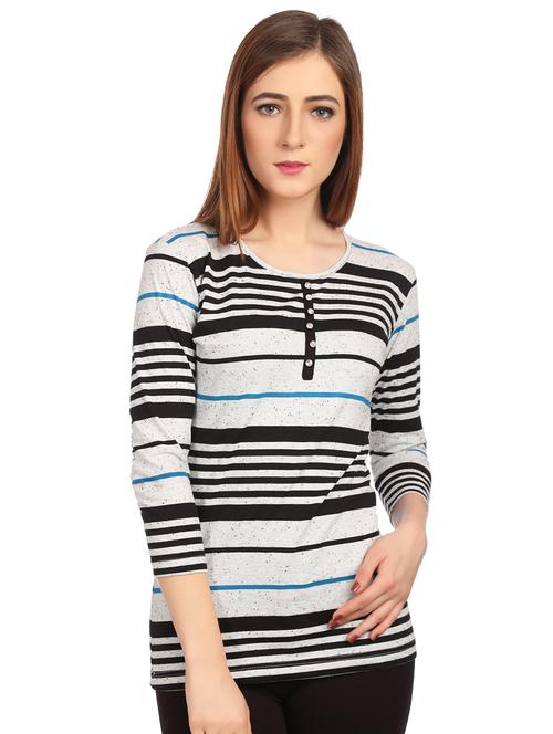 round neck button detail striped tee - 15497107 - Standard Image - 1