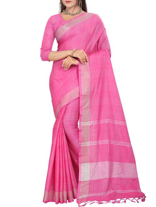checkered woven pink saree with blouse - 15498127 - Very Small Image - 1