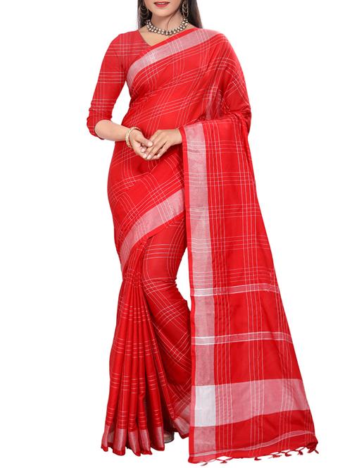 checkered woven red saree with blouse - 15498128 - Standard Image - 1