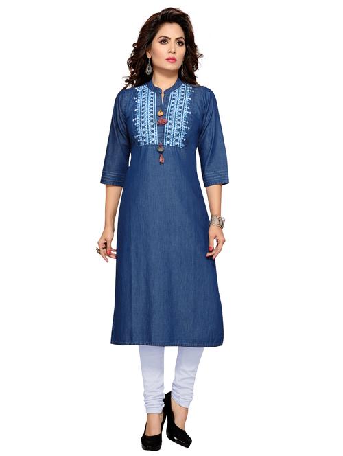 Denim straight printed kurta - 15500068 - Standard Image - 1