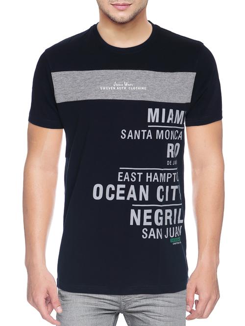 navy blue cotton blend front print t-shirt - 15500111 - Standard Image - 1