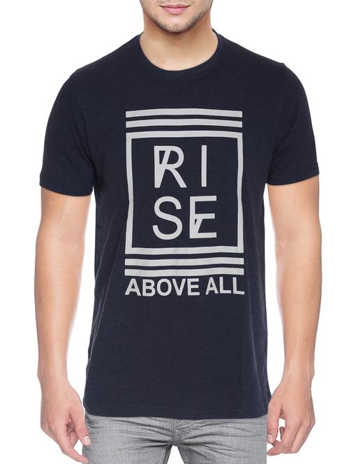 navy blue cotton blend chest print tshirt - 15500117 - Standard Image - 1