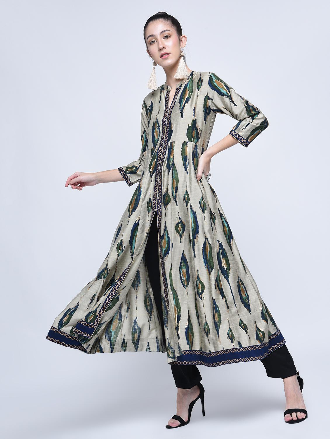 Silk Anarkali slit ikat print kurta - 15501402 - Zoom Image - 1