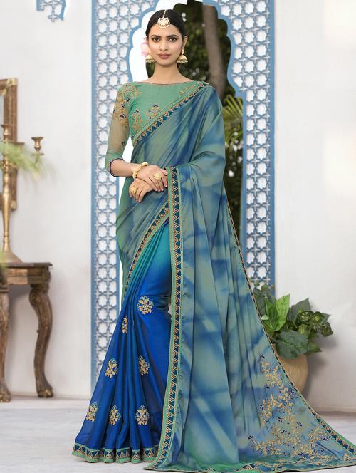 tonal shades embroidered half & half saree with blouse - 15501702 - Very Small Image - 1