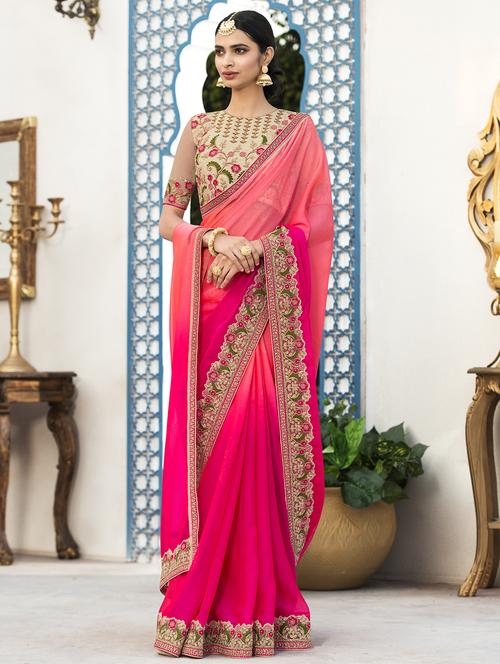 ombre floral embroidered border saree with blouse - 15501703 - Very Small Image - 1