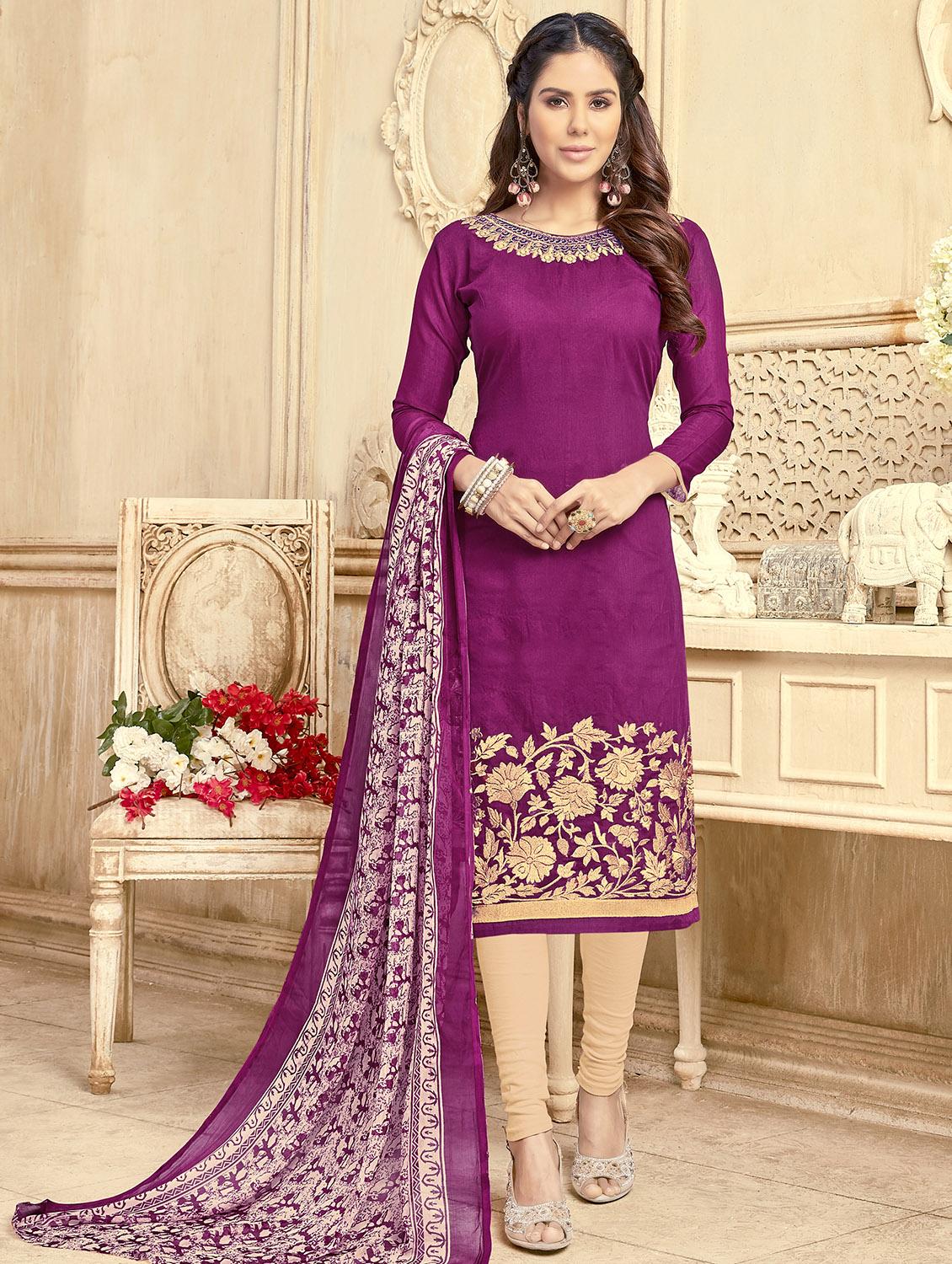 Embroidered unstitched churidaar suit - 15503031 - Zoom Image - 1