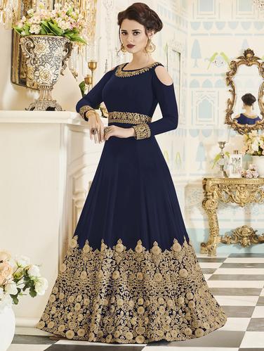 Embroidered semi-stitched anarkali suit - 15503328 - Very Small Image - 1