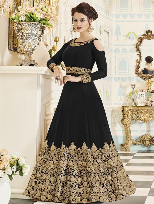 Embroidered semi-stitched anarkali suit - 15503329 - Very Small Image - 1