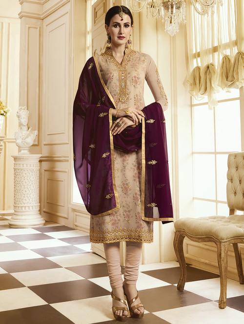 Embroidered semi-stitched churidaar suit - 15503332 - Very Small Image - 1