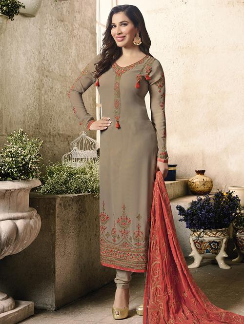Embroidered semi-stitched churidaar suit - 15503338 - Standard Image - 1