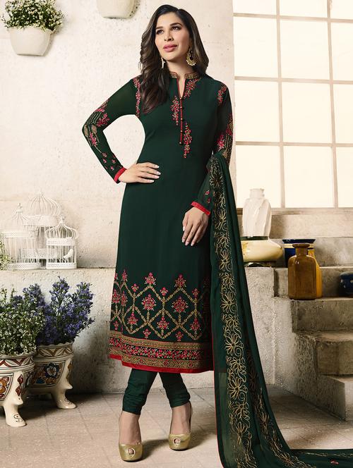 Embroidered semi-stitched churidaar suit - 15503339 - Very Small Image - 1
