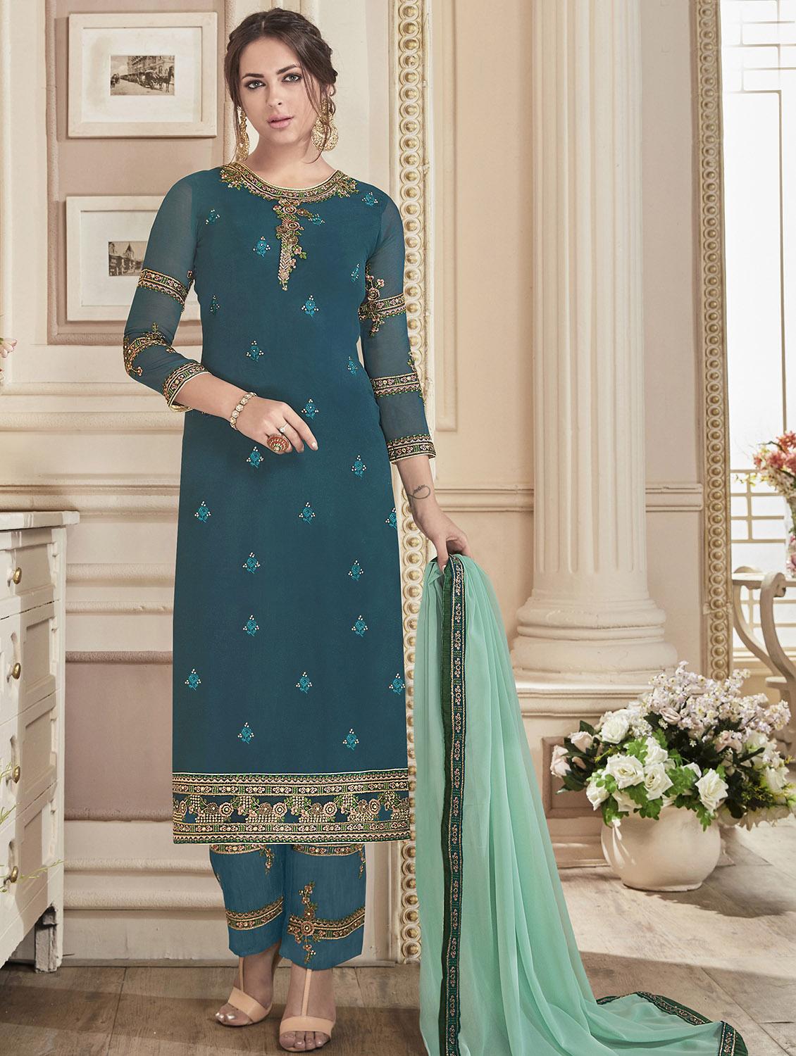 Embroidered semi-stitched straight pant suit - 15503348 - Zoom Image - 1