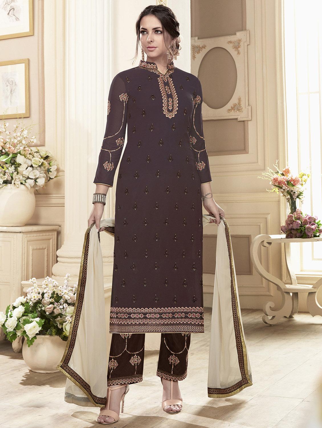 Embroidered semi-stitched straight pant suit - 15503349 - Zoom Image - 1