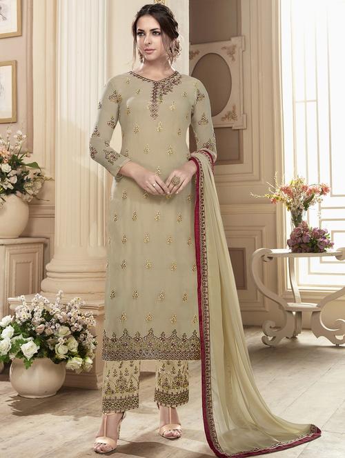 Embroidered semi-stitched straight pant suit - 15503350 - Standard Image - 1