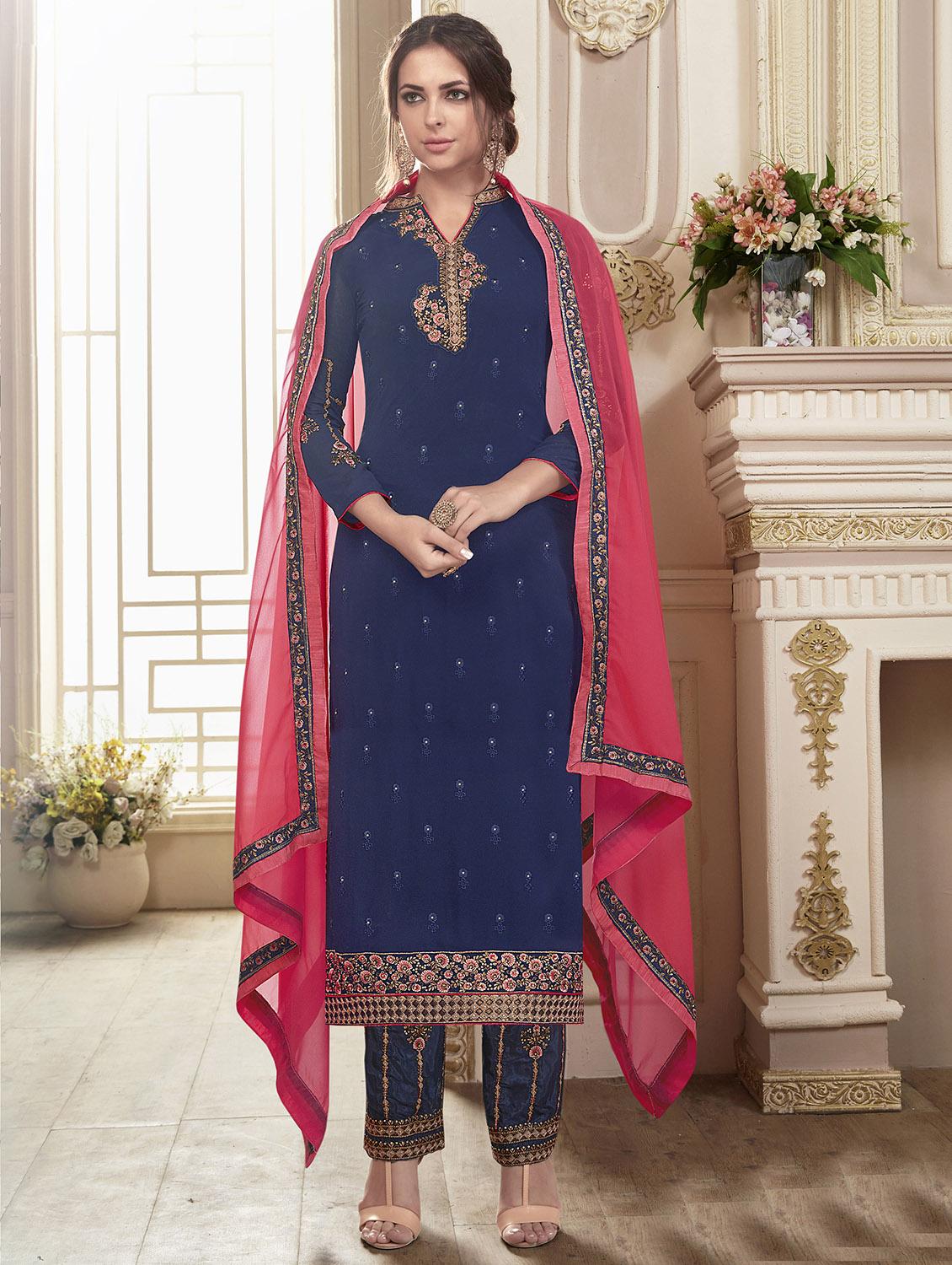 Embroidered semi-stitched straight pant suit - 15503352 - Zoom Image - 1
