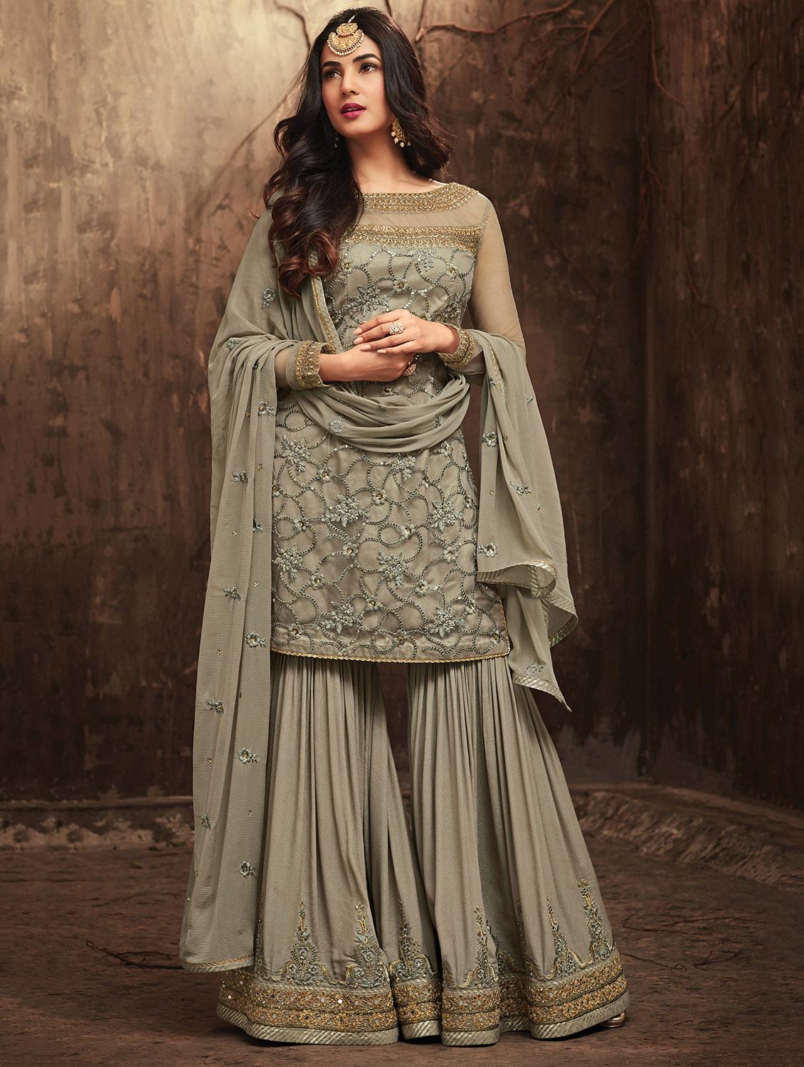 Embroidered semi-stitched sharara suit - 15503360 - Zoom Image - 1