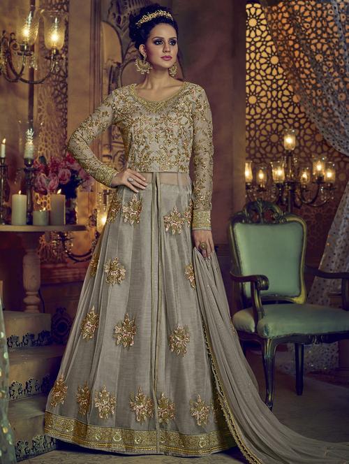 Embroidered semi-stitched skirt suit - 15503361 - Very Small Image - 1