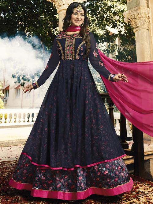 Embroidered semi-stitched anarkali suit - 15503369 - Very Small Image - 1