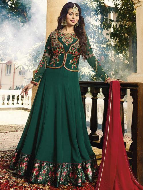 Embroidered semi-stitched anarkali suit - 15503371 - Very Small Image - 1