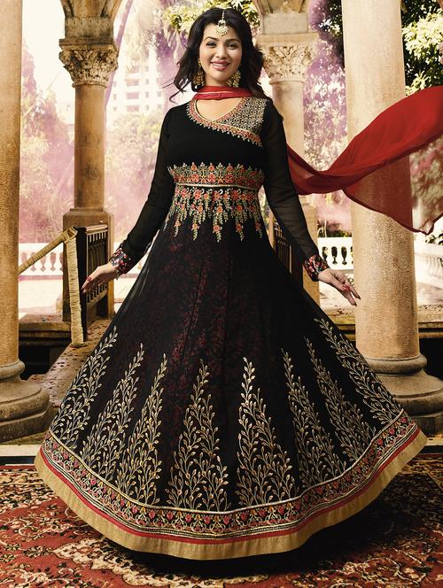 Embroidered semi-stitched anarkali suit - 15503373 - Very Small Image - 1