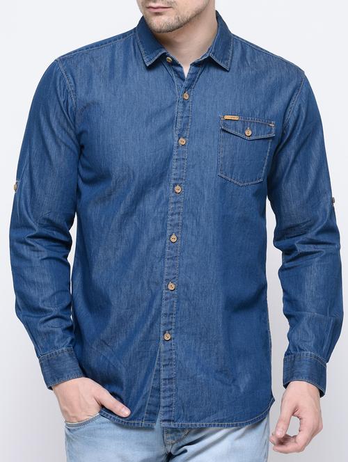 dark blue denim casual shirt - 15503519 - Standard Image - 1
