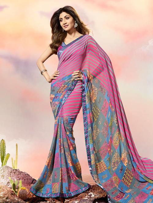 lace border striped printed saree with blouse - 15505196 - Standard Image - 1
