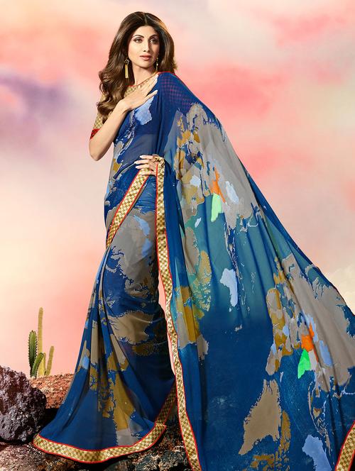 lace border graphic printed saree with blouse - 15505198 - Standard Image - 1