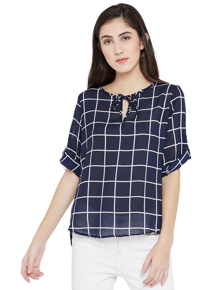 tie-up neck checkered high low top - 15505851 - Zoom Image - 1