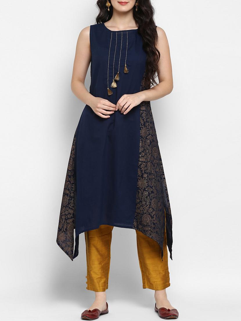blue cotton fusion kurta - 15515192 - Zoom Image - 1