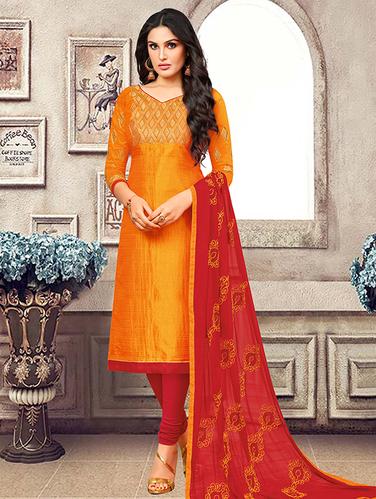 orange art silk churidaar suits unstitched suit - 15515916 - Very Small Image - 1