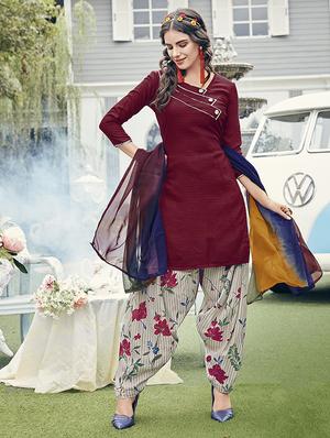maroon cotton blend patiyala suits unstitched suit - 15515946 - Standard Image - 1