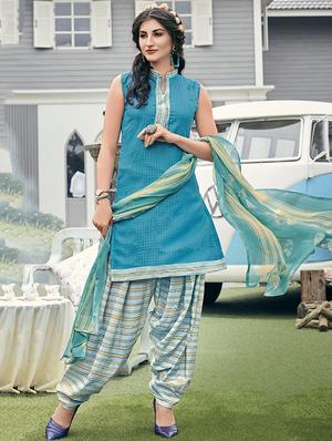 sky blue cotton blend patiyala suits unstitched suit - 15515948 - Standard Image - 1
