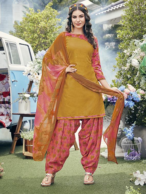 yellow cotton blend patiyala suits unstitched suit - 15515949 - Zoom Image - 1