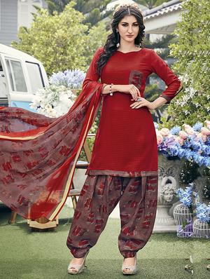 red cotton blend patiyala suits unstitched suit - 15515950 - Standard Image - 1