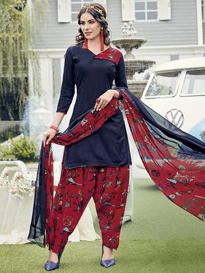 blue cotton blend patiyala suits unstitched suit - 15515951 - Standard Image - 1