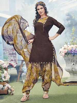 brown cotton blend patiyala suits unstitched suit - 15515952 - Standard Image - 1