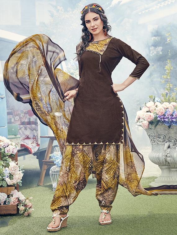 brown cotton blend patiyala suits unstitched suit - 15515952 - Zoom Image - 1