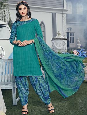 green cotton blend patiyala suits unstitched suit - 15515953 - Standard Image - 1
