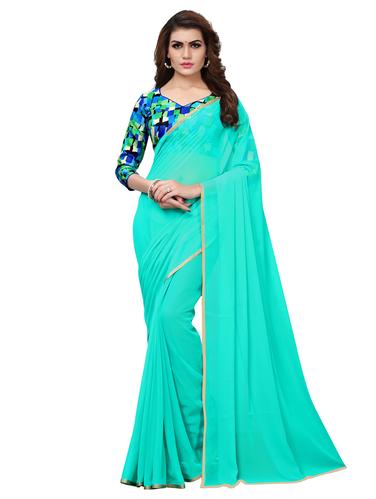 foil border turquoise saree with blouse - 15516969 - Very Small Image - 1