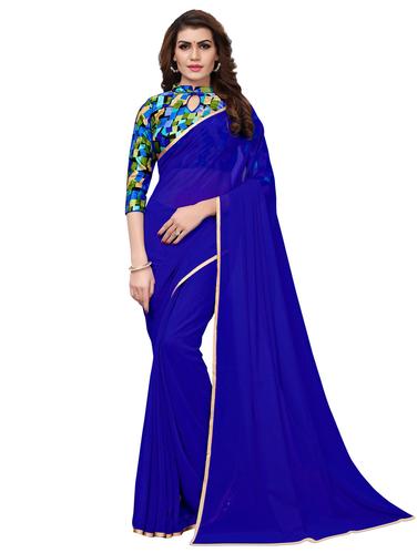 foil border blue saree with blouse - 15516974 - Very Small Image - 1