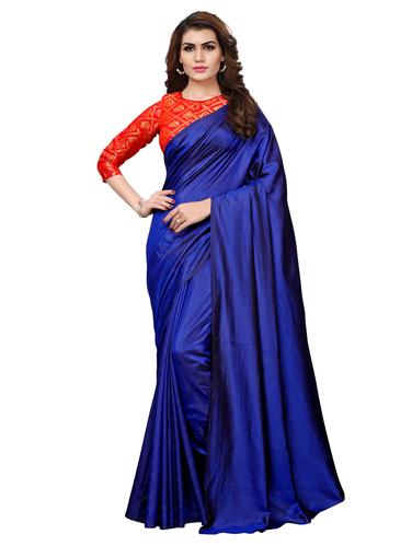 solid royal blue saree with blouse - 15516978 - Very Small Image - 1