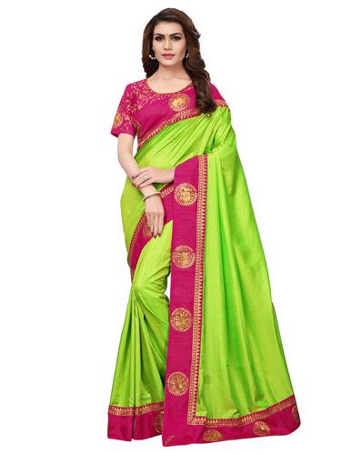 contrast embroidered border chanderi saree with blouse - 15516987 - Very Small Image - 1