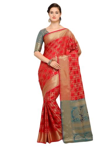 contrast conversational pallu banarasi saree with blouse - 15517203 - Very Small Image - 1