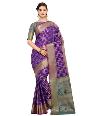 contrast conversational pallu banarasi saree with blouse - 15517204 - Standard Image - 1