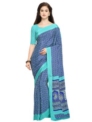all over printed blue saree with blouse - 15517230 - Standard Image - 1