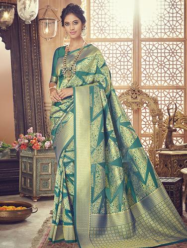 geometrical zari motif banarasi saree with blouse - 15517242 - Very Small Image - 1