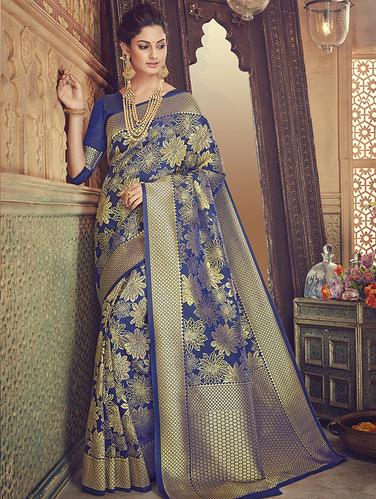 floral zari motif banarasi saree with blouse - 15517243 - Very Small Image - 1