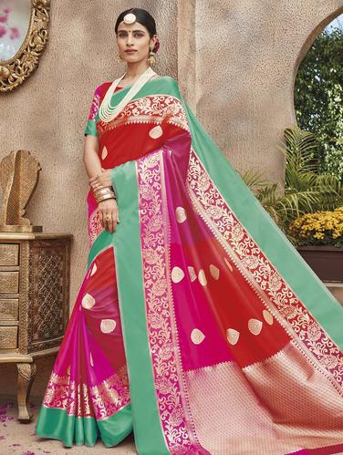 colour block zari banarasi saree with blouse - 15517251 - Very Small Image - 1